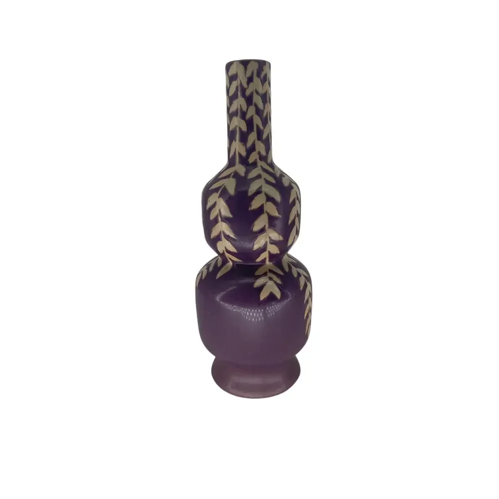 Vintage Purple Art Pottery Vase Double Gourd Leaf Pattern Matte Glaze
